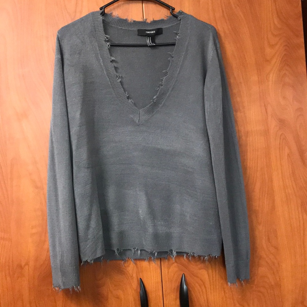 Forever 21 Deep V-Neck Acid Washed Fringed Sweater